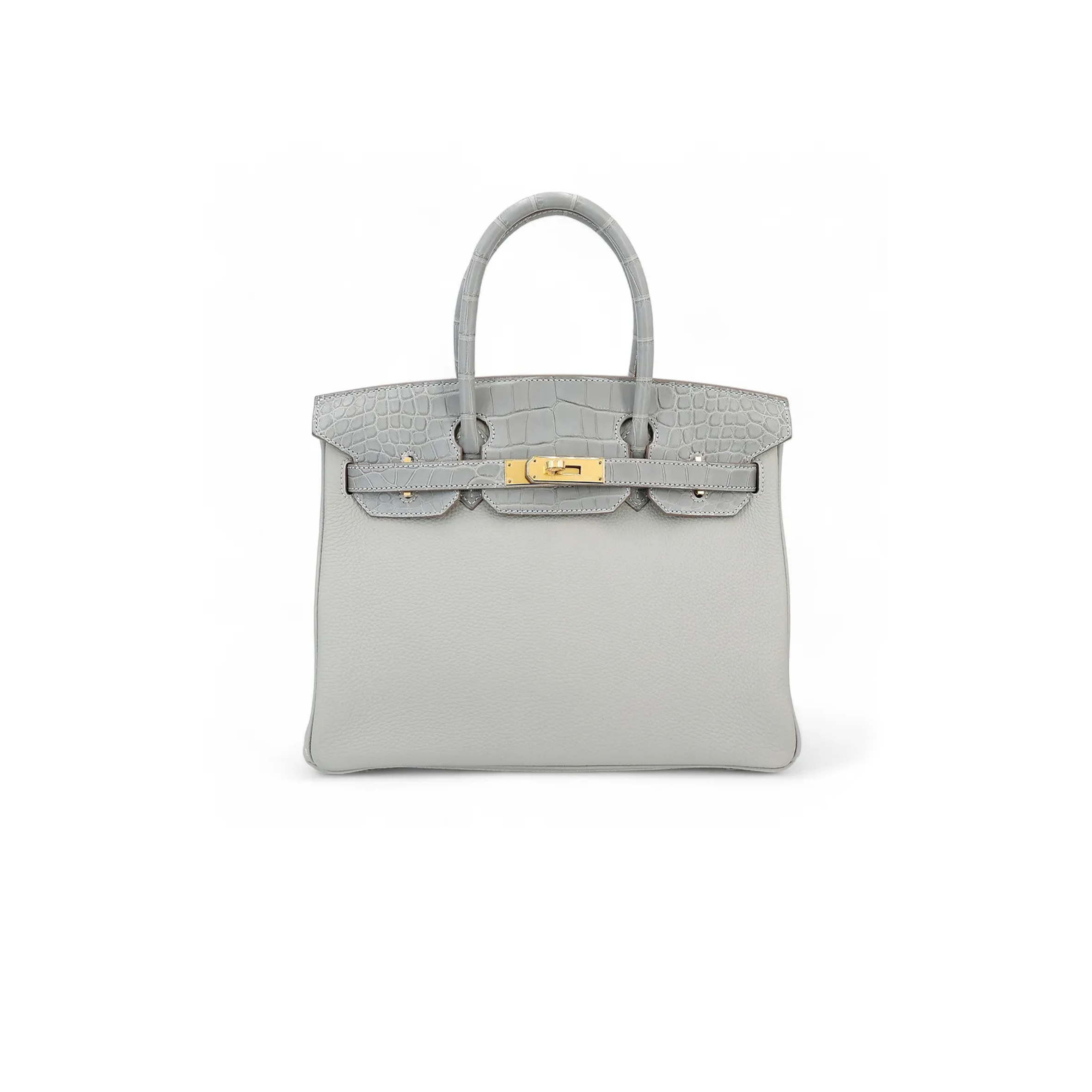 HERMÈS MASTER BIRKIN 25 CROCODILE AND TOGO LEATHER PEARL GREY GOLD BUCKLE H076216CK15 (25*20*13cm)